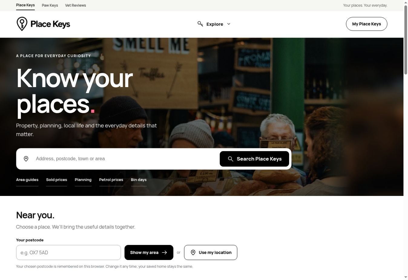 Place Keys homepage, with place search and local information